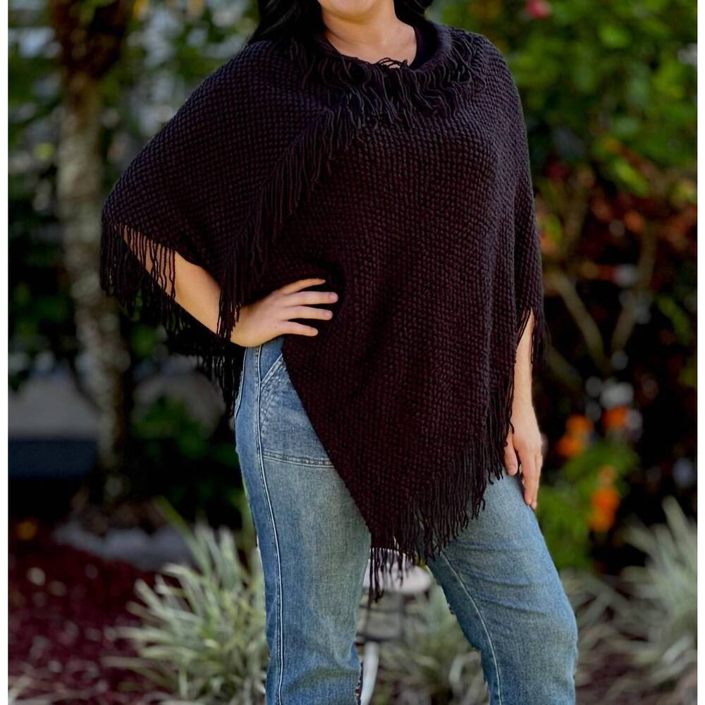 NEW COCO + CARMEN annie poncho with fringe in black